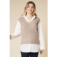 Womens 2 In 1 Shirt And V Neck Knitted Sweater Tank - Beige - M/L | boohoo (US & Canada)