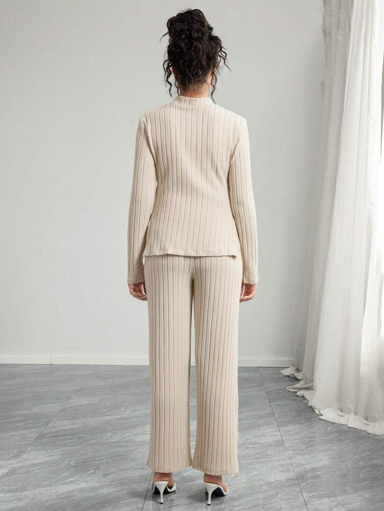 Momance 2pcs Maternity Set: Ribbed Stand Collar Long Sleeve T-Shirt, Adjustable Waist Straight Le... | SHEIN