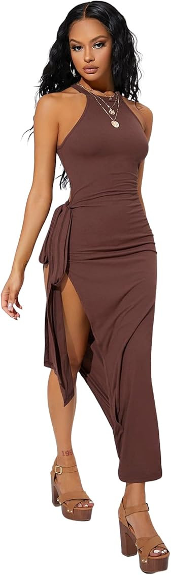 SheIn Women's Sexy Sleeveless Halter Neck Side Slit Tie Knot Bodycon Long Dresses | Amazon (US)