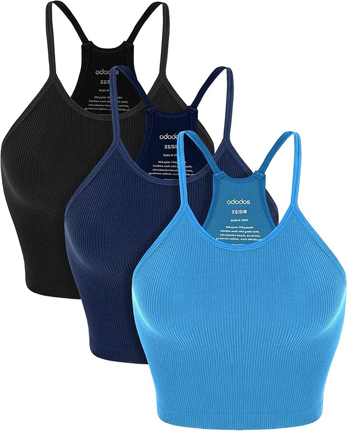 ODODOS Women's Crop 3-Pack Washed Seamless Rib-Knit Camisole Crop Tank Top | Amazon (US)
