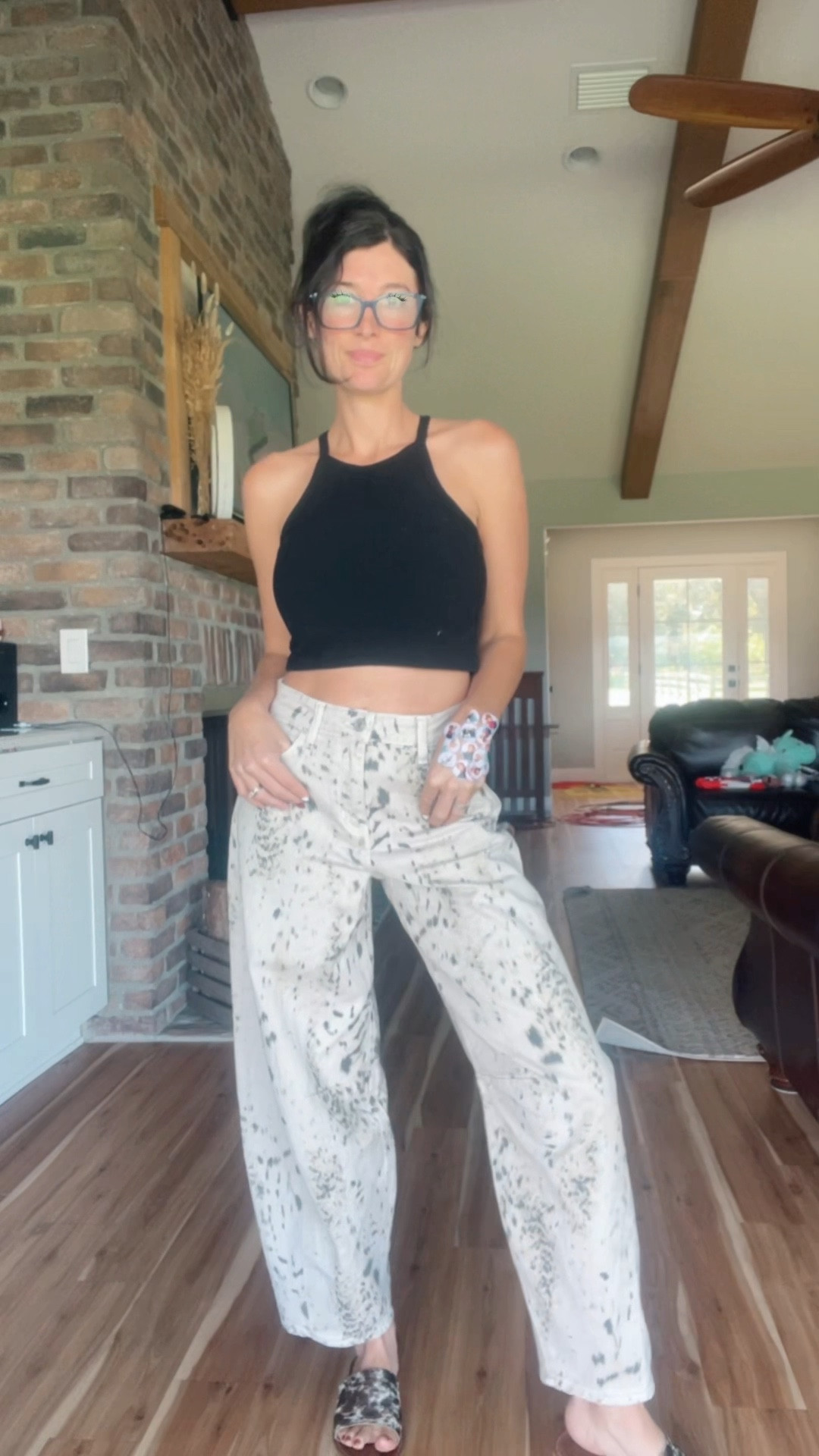 Printed barrel jeans?! Absolutely! 
~wearing size 1/24 (could honestly size down to a 0) 
~cowhide printed sandals 
~black crop top 

#LTKSeasonal #LTKStyleTip #LTKFindsUnder100