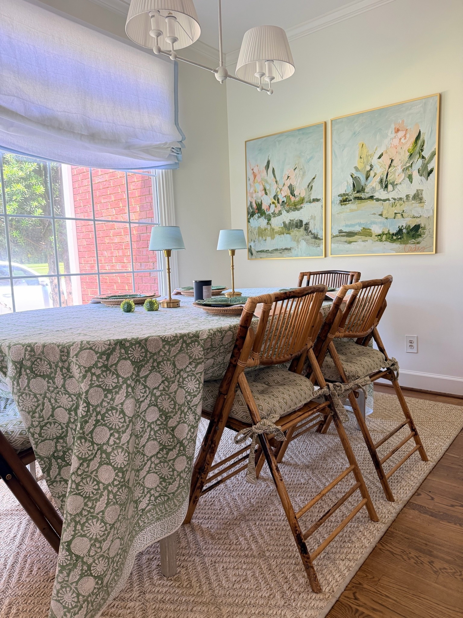 Breakfast nook sources. Amazon light and my green chair cushions are out of stock. Everything else exact linked! 

Shade: ivory with sky blue border 
Art: 30x40 paper framed in gold metal