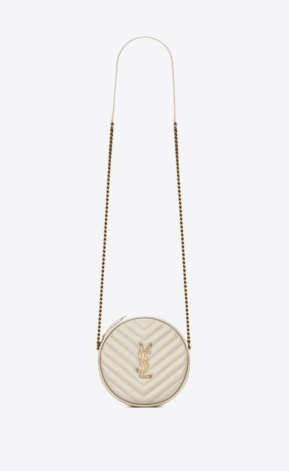 VINYLE round camera bag in chevron-quilted grain de poudre embossed leather | Saint Laurent | YSL... | Saint Laurent Inc. (Global)