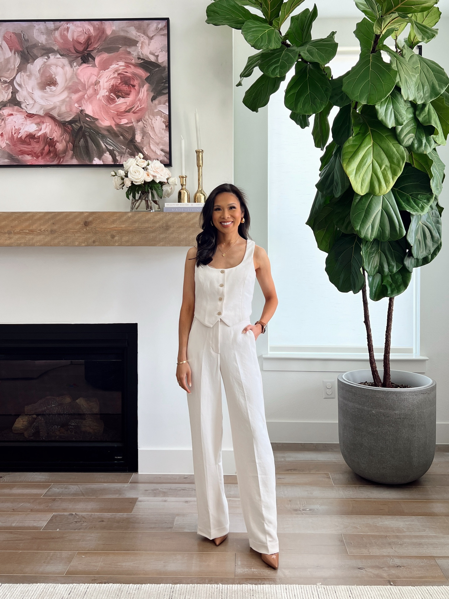 Summer workwear with matching cream vest and wide leg pants for a chic look. Wearing size XXS in the top and 00 short in the bottoms. Very flattering on and perfect for a trendy chic workwear look! 

#LTKStyleTip #LTKWorkwear #LTKSeasonal