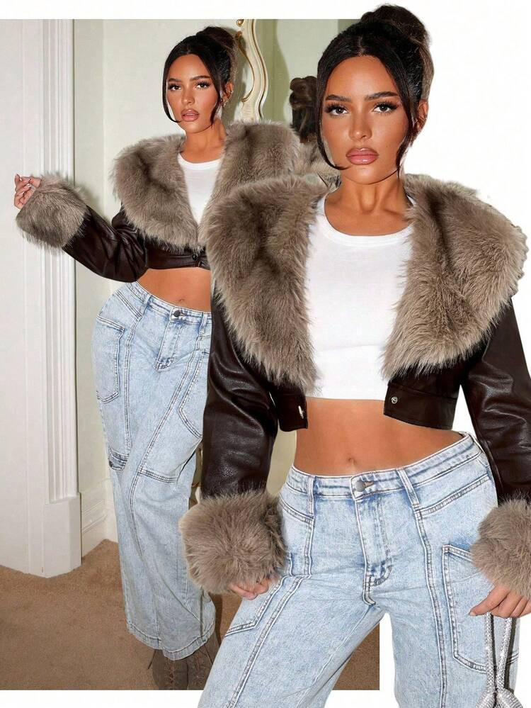 Faux fur cropped jacket | SHEIN