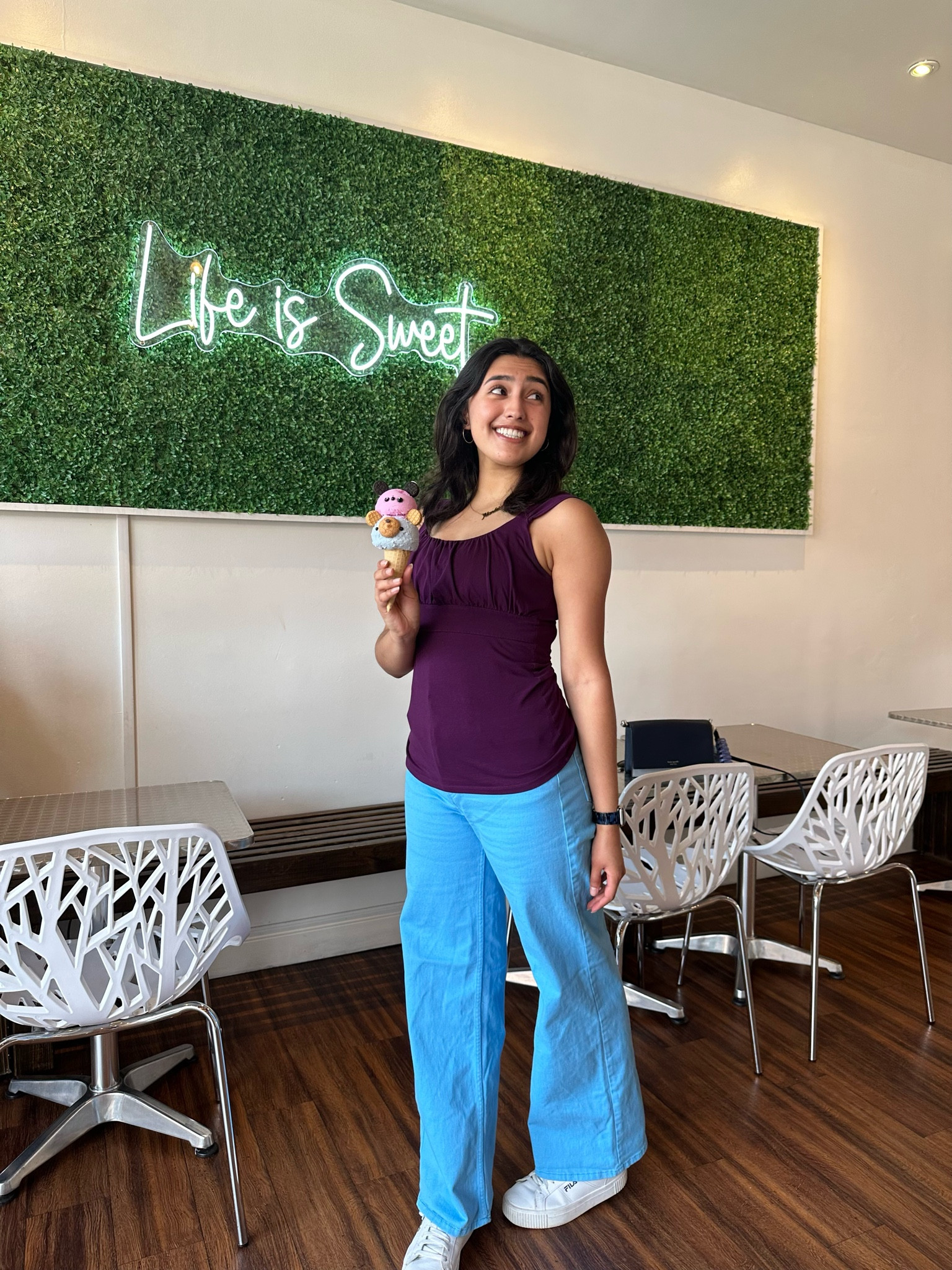 Bright blue pants purple tank top vintage thrifted high waisted straight leg bootcut vibrant outfit casual comfortable white shoes walking shoes city outfit summer icecream weather colorful playful simple minimalist petite body jeans denim square neck top cotton shirt

#LTKshoecrush #LTKFind #LTKstyletip