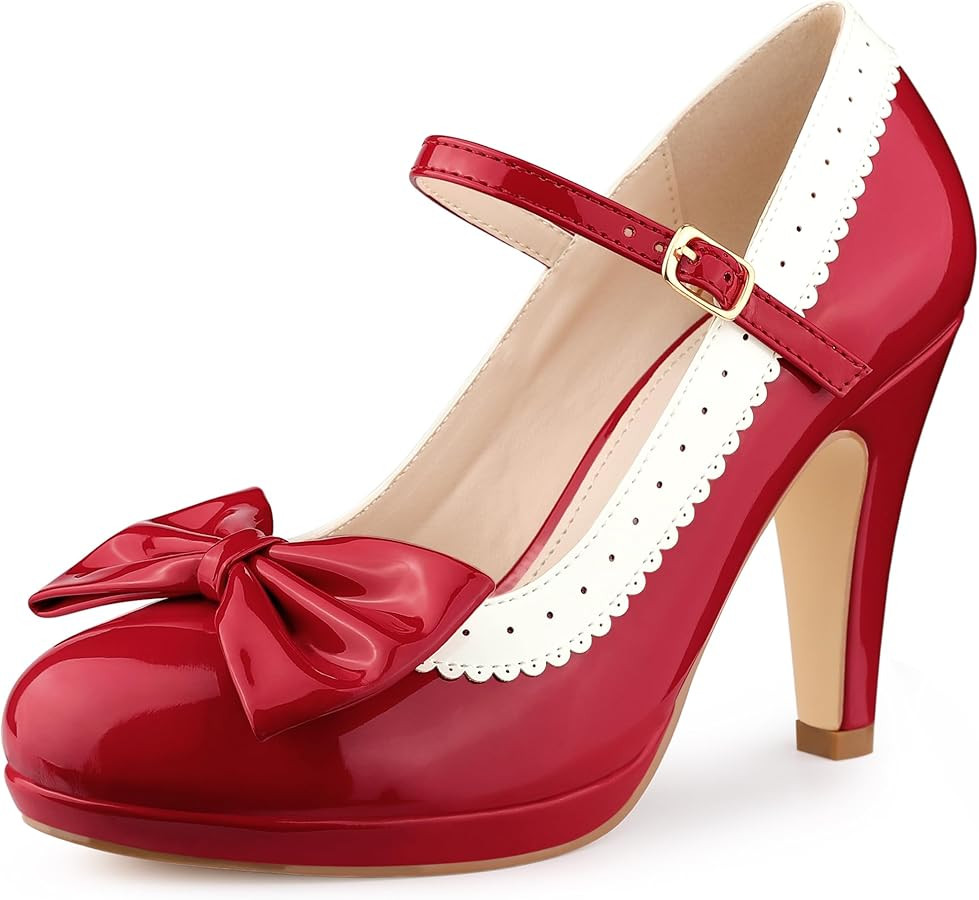 Perphy Bow Platform Stiletto Heels Mary Janes Shoes for Women Retro 1950s Shoes | Amazon (US)