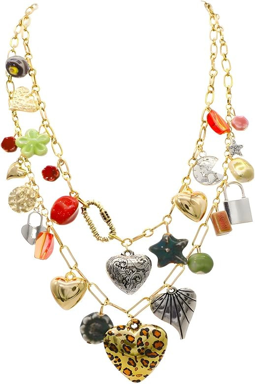 JNF Chunky Layered Gold Charm Necklace for Women Boho Heart Sun Flower Key Coins Charms Necklaces... | Amazon (US)