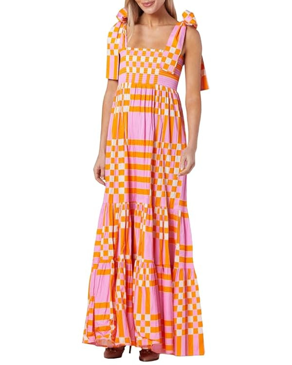 Women Tie Shoulder Graphic Boho Maxi Dress Sleeveless Flowy Tiered A Line Dress Summer Vocation G... | Amazon (US)