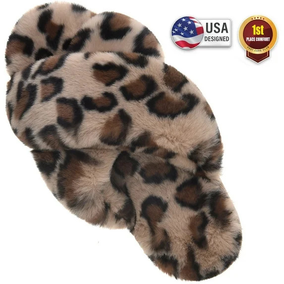 VONMAY Women's Slippers Plush Cross Band Open Toe Slides Fuzzy SPA House Slippers | Walmart (US)