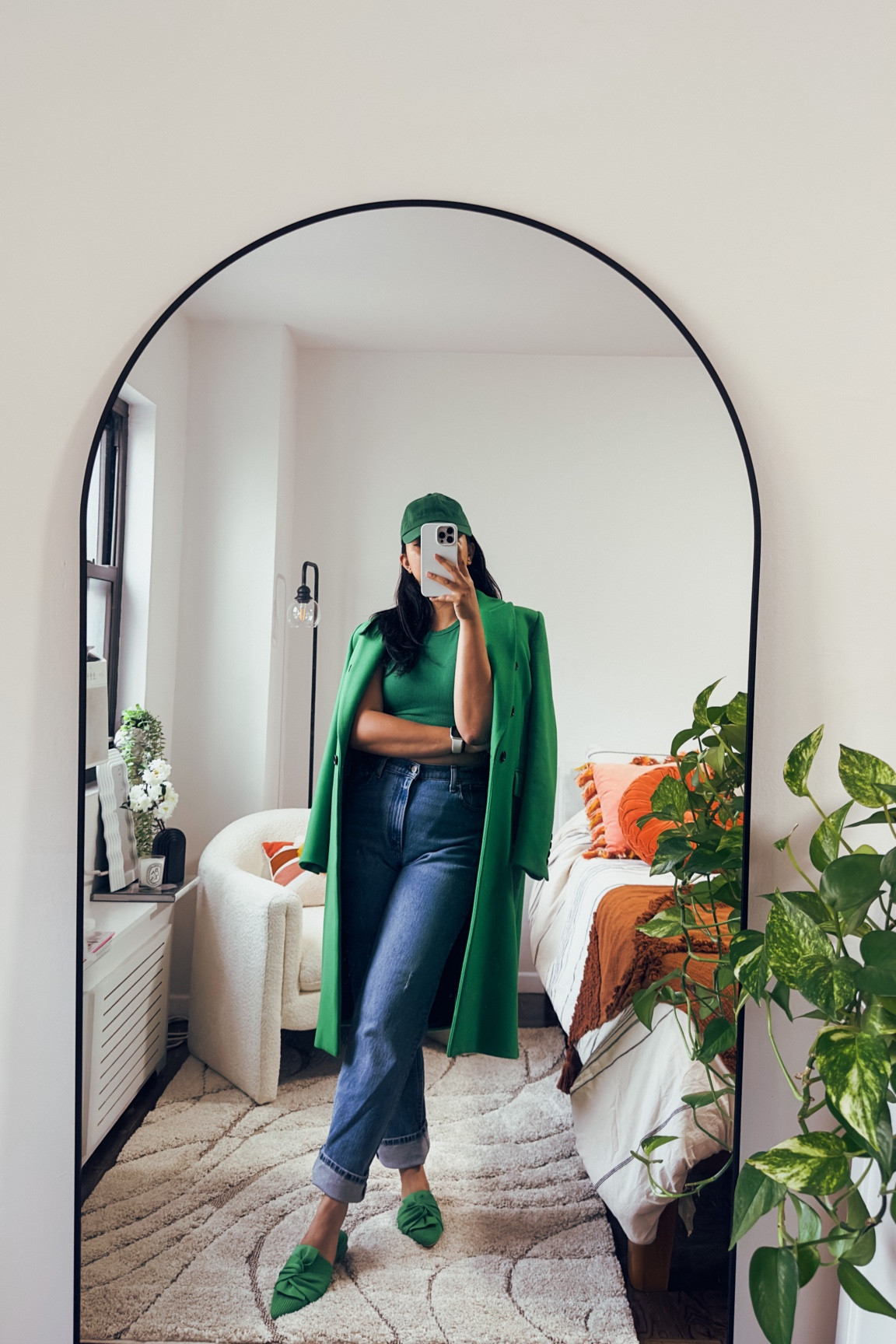 Green on green on green moment - love a colorblock moment like this, it really elevates an outfit. 

Coat is old Zara. Currently obsessing over these green mules from Vivaia they are soo comfy. Definitely true to size I recommend measuring your foot in inches to see whichever sizing would fit.

Oh and did I say they’re eco friendly.

PS checkout the white folded boucle chair behind me - it’s the perfect dupe of the urban outfitter boucle chair at half the price !!

#greencoat #greenshoes #mules #green #greenslides #greenongreen #abercrombiejeans, #mirrorselfie #greencap#vivaiashoes #ecofriendlyfootwear fall outfit, work outfit, weekend outfit, colorful outfit 

#LTKworkwear #LTKstyletip #LTKFind