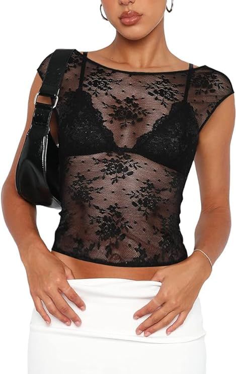 KTILG Womens Sheer Mesh Top Cap Sleeve Embroidery Blouse Sexy Boat Neck See Through Shirt Lace To... | Amazon (US)