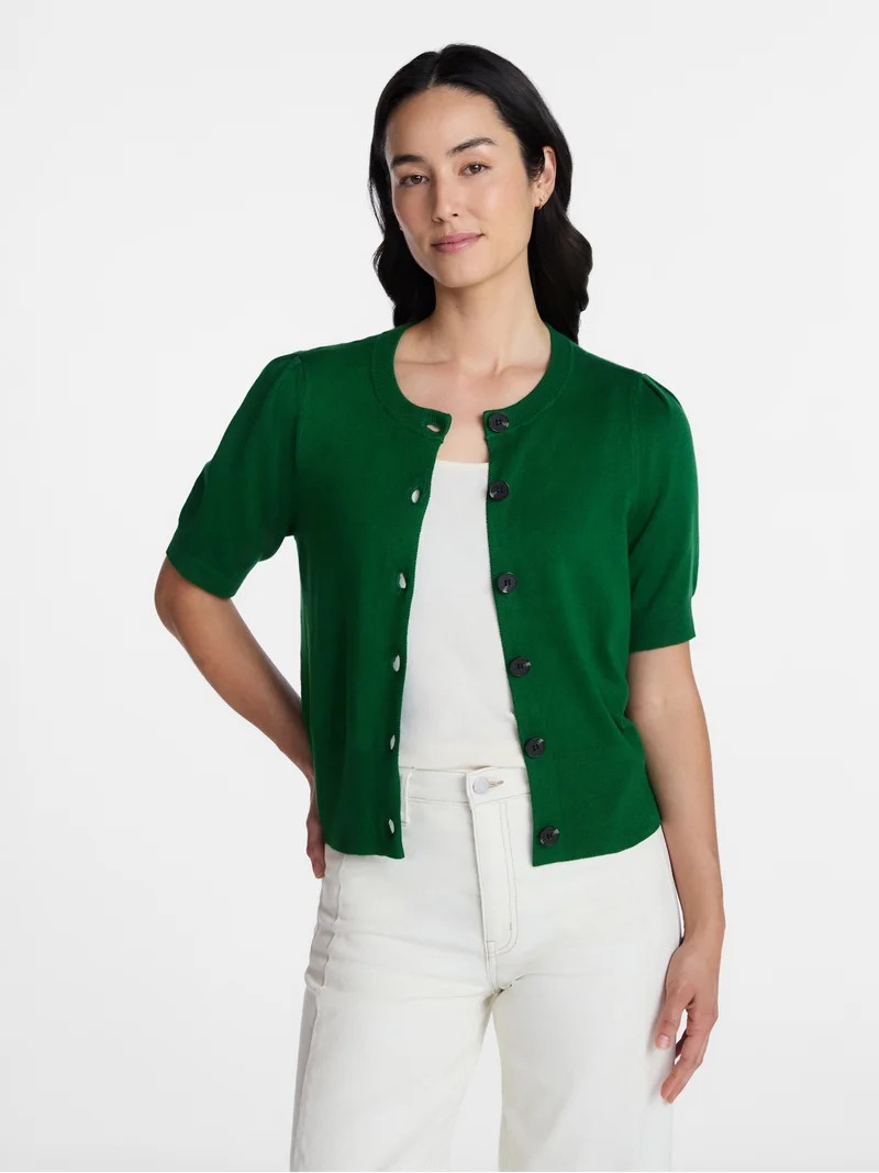 Time and Tru Women's Crewneck Cardigan with Short Sleeves, Lightweight, Sizes XS-XXXL | Walmart (US)