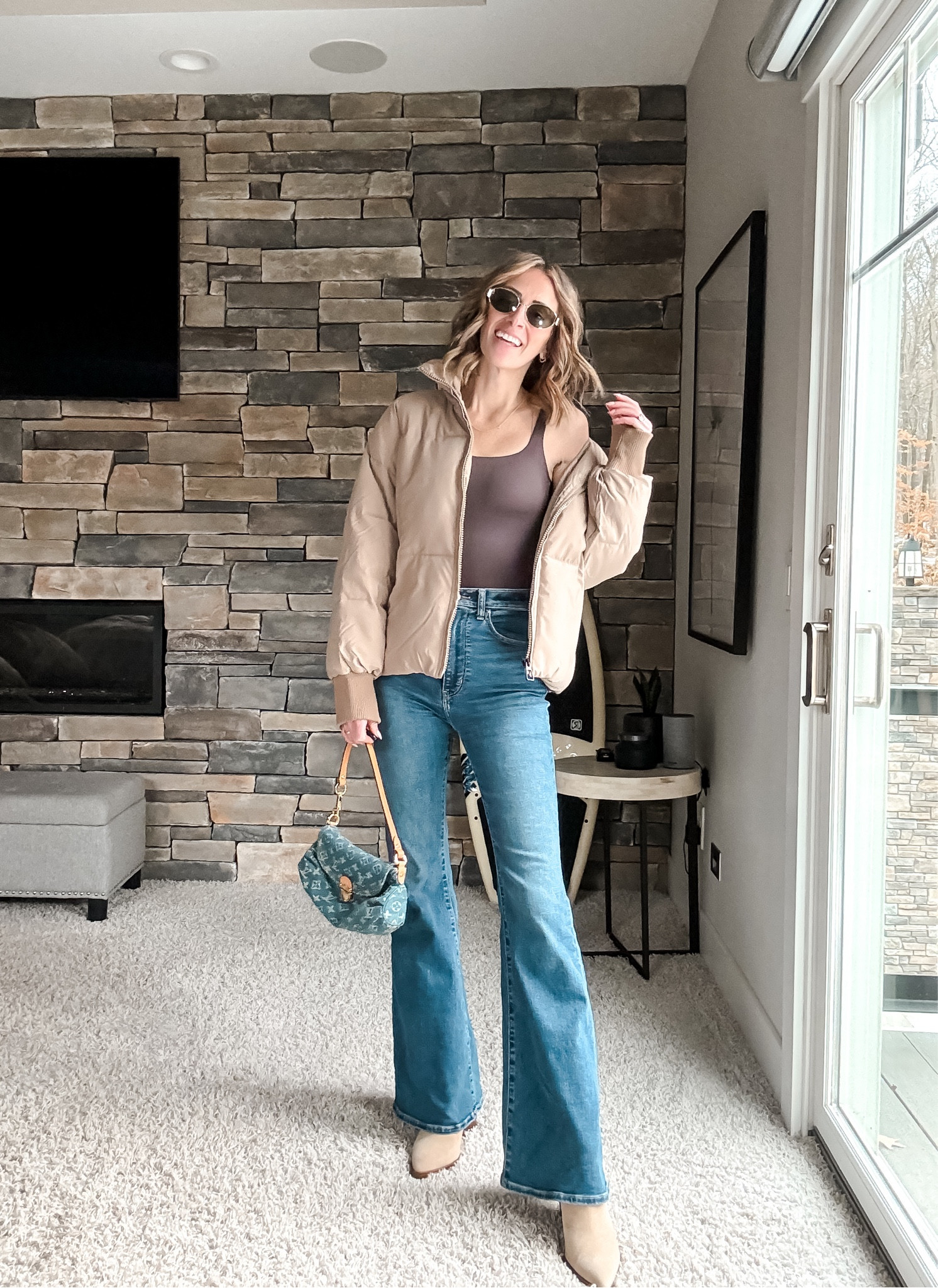 Casual winter outfit ideas with Amazon puffer coat tan cropped jacket and flare jeans outfits 
Brown bodysuit seamless and Chloe inspired sunglasses dupe