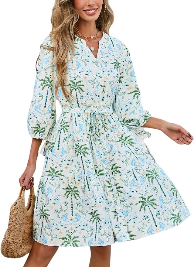 D-SUN Womens Floral Boho Mini Dress 3/4 Sleeve V Neck Print Flowy Mini Dresses Button Down A-Line... | Amazon (US)