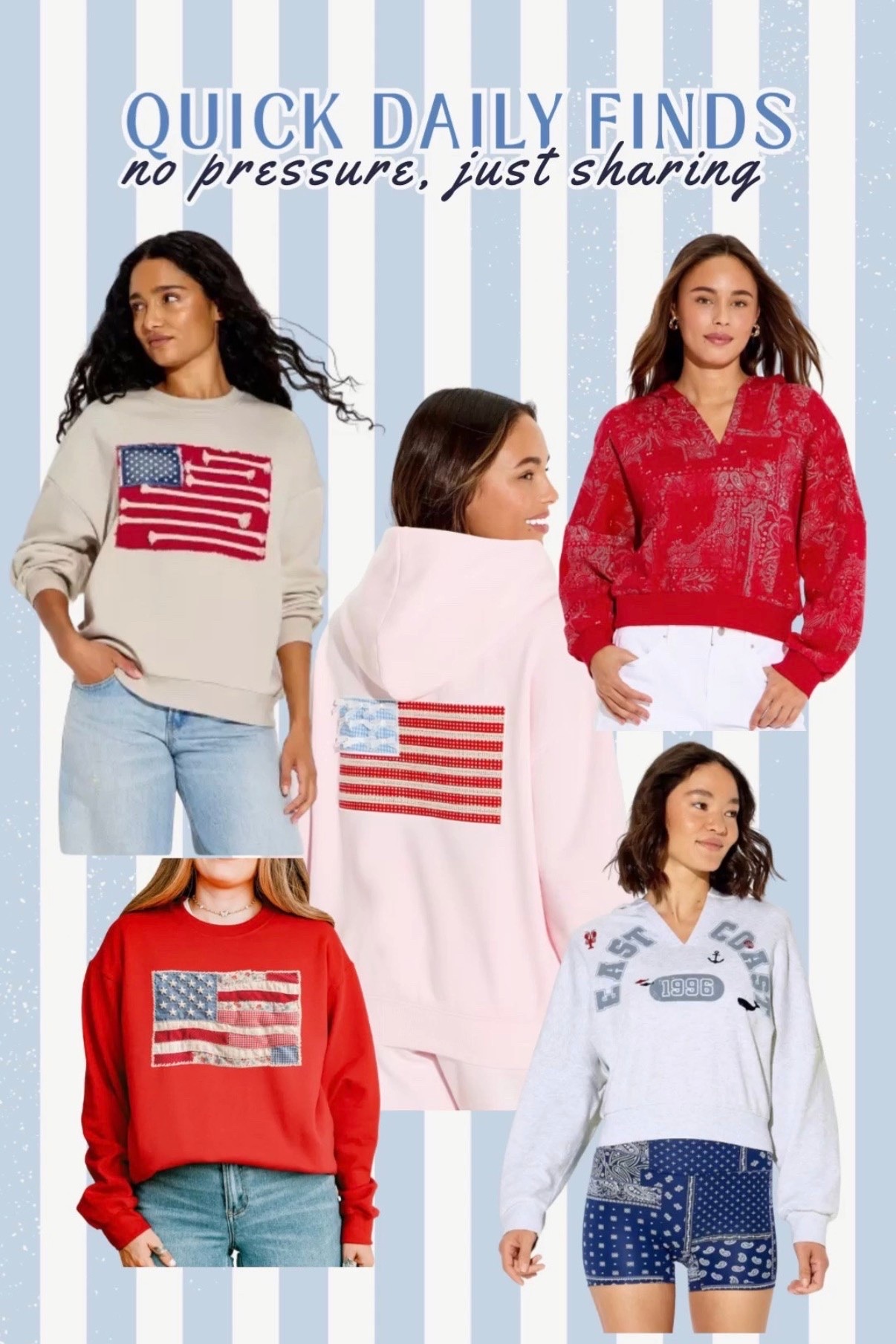 🇺🇸 Daily finds that are giving small-town summer, backyard BBQs, and “just one more patriotic sweatshirt” energy. ❤️🤍💙

Rounded up a few cute Americana-inspired pieces that are perfect for chilly beach nights, fireworks, morning coffee runs, and all the summer holidays ahead. The pink flag hoodie may have stolen my heart. ✨