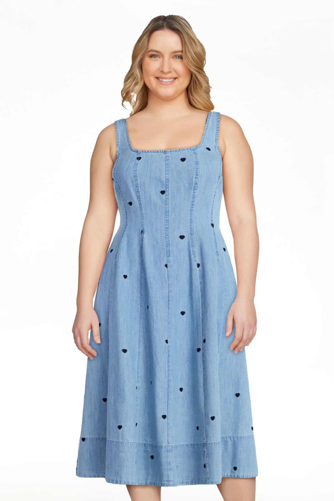 Free Assembly Women's and Women's Plus Embroidered Hearts Denim Panel Midi Dress, Sizes XS- 4X | Walmart (US)