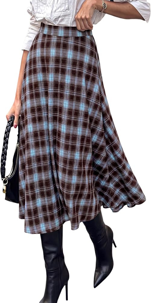 PRETTYGARDEN Women's Plaid High Waisted A-Line Midi Skirts | Amazon (US)