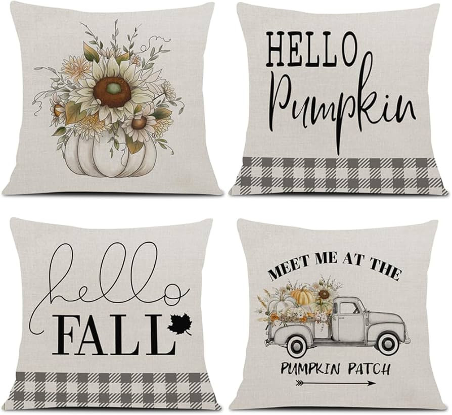 Fall Throw Pillow Covers Set of 4, 18x18 Inch Modern Decorative Pillow Cases Buffalo Check Hello ... | Amazon (US)