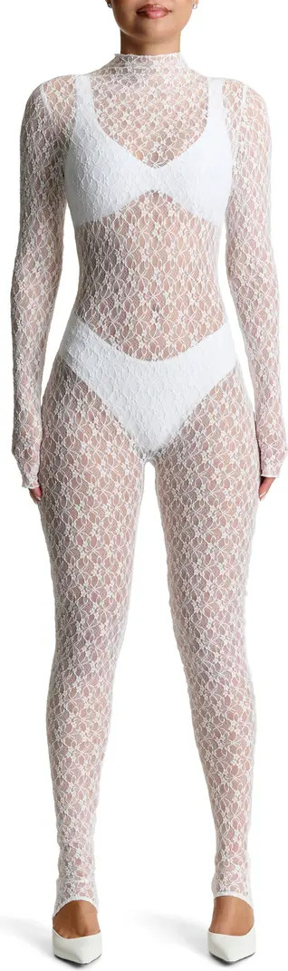 Sheer Lace Long Sleeve Stirrup Jumpsuit | Nordstrom