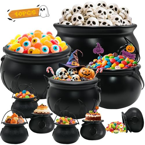 Witch Cauldron Halloween Decoration, 10 in 1 Package Large Black Plastic Candy Bowl Set, Cauldron Kettle Candy Holder Containers for Halloween Party Decor & Trick-or-Treat Bowl | Amazon (US)
