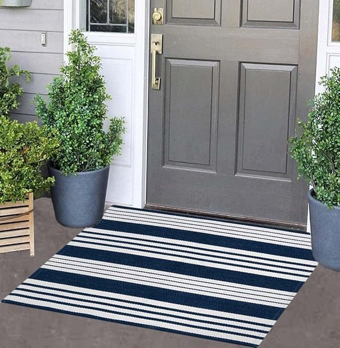Blue and White Striped Doormat 24'' x 35'' Front Porch Rug Machine Washable Indoor Outdoor Doorma... | Amazon (US)