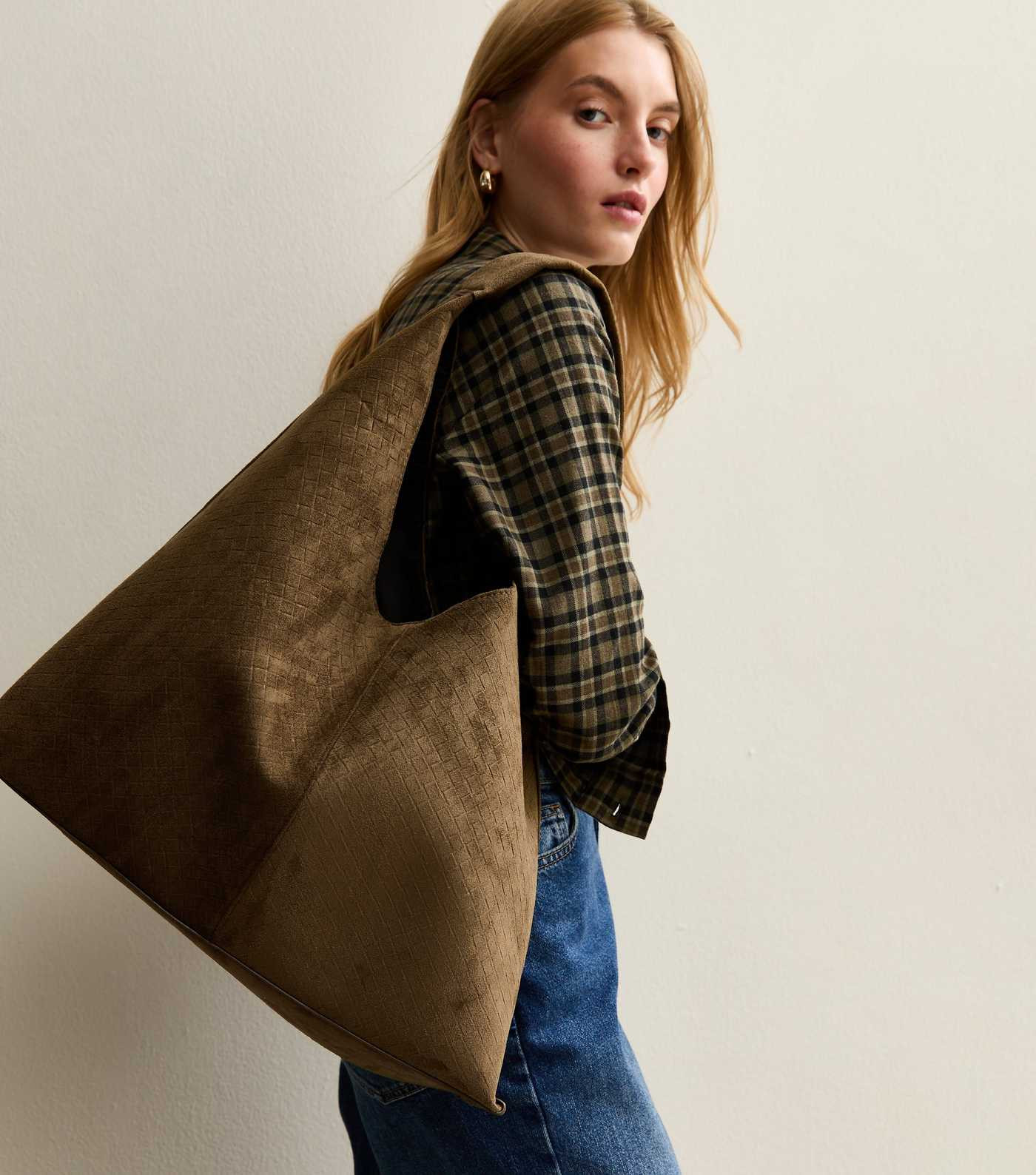 Dark Khaki Faux Suede Woven Effect Slouch Shoulder Bag | New Look | New Look (UK)