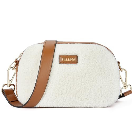 Telena Small Crossbody Purse for Women Trendy Sherpa Crossbody Bag Leather Lightweight Shoulder Handbags Plush Beige Brown | Amazon (US)