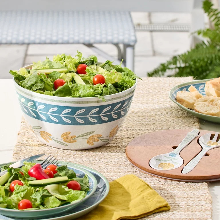 Better Homes and Gardens Bamboo Melamine Floral Salad Bowl Set with Acacia Lid and Utensils | Walmart (US)