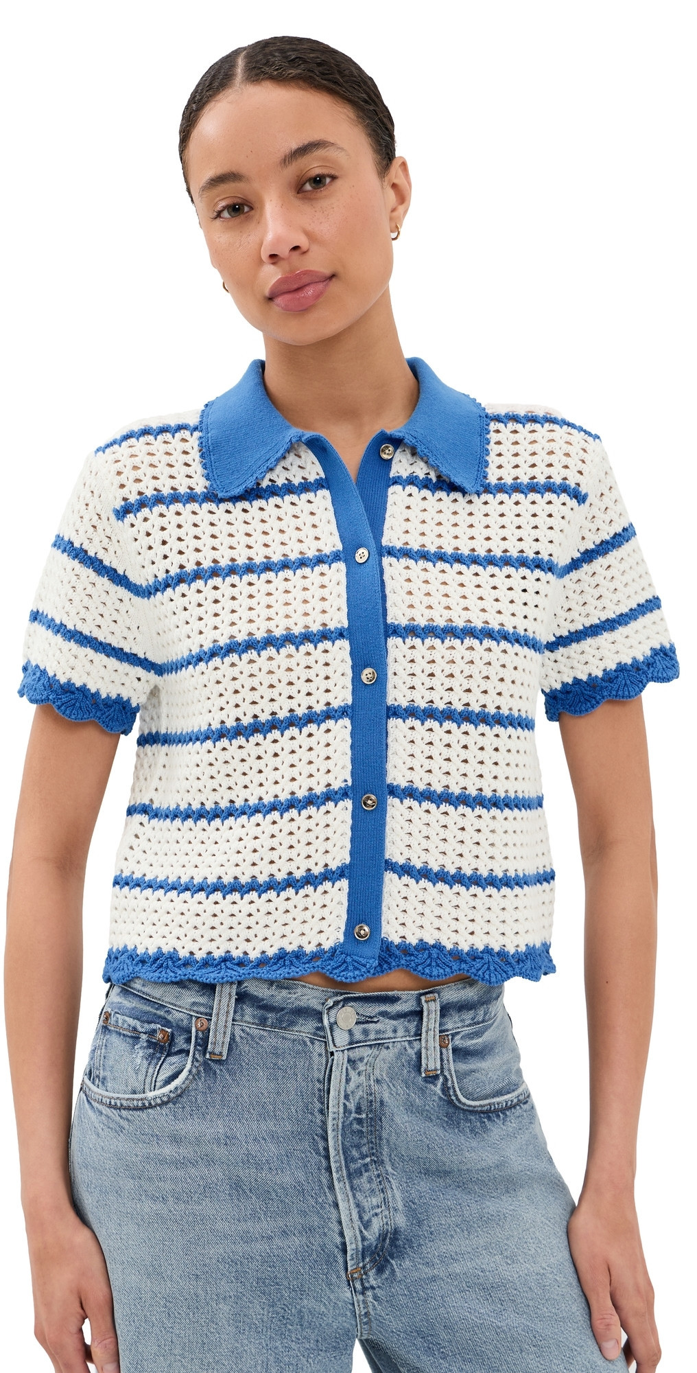 ALICE + OLIVIA Randall Pointelle Polo Cardigan Blue Iris/White M | Shopbop