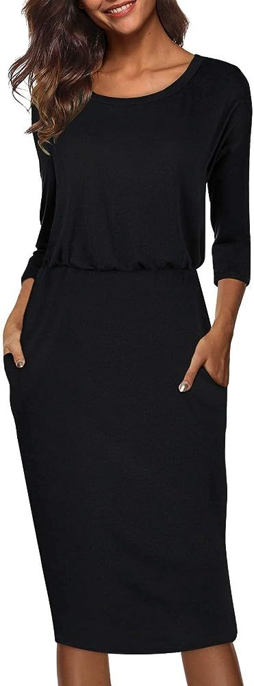 Moyabo Women's 3/4 Sleeve Round Neck Hips-Wrapped Casual Office Pencil Dress | Amazon (US)