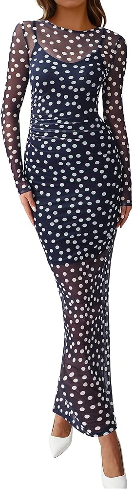 BTFBM Spring Dresses for Women 2026 2 Piece Set Long Sleeve Polka Dot Sexy Bodycon Mesh Dress and... | Amazon (US)