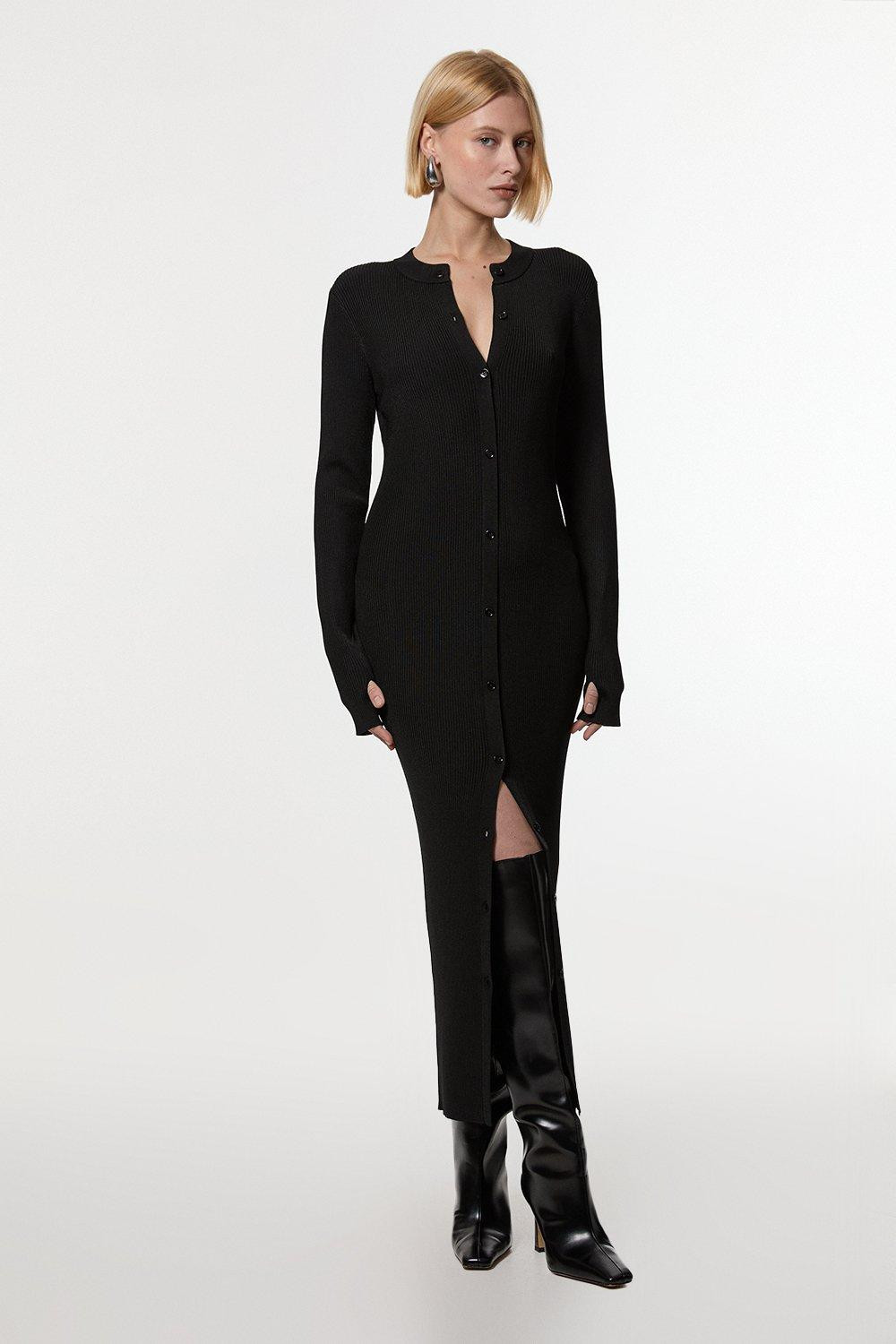 Premium Slinky Ribbed Knit Button Through Midaxi Dress | Karen Millen UK + IE + DE + NL