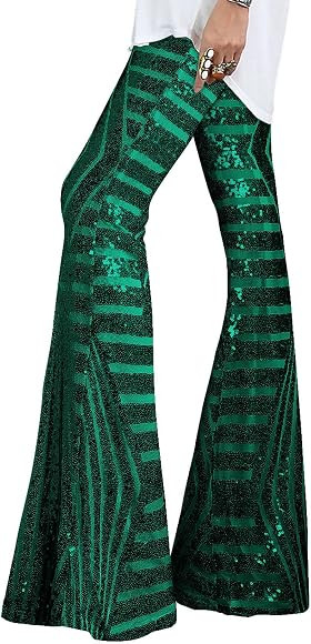 EVALESS Women Sequin Pants Sparkly Glitter High Waisted Wide Leg Flare Trousers Bell Bottom Night... | Amazon (US)