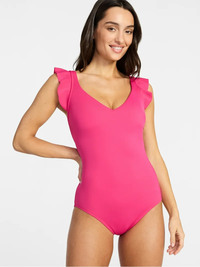Time and Tru Women's and Women's Plus Size Ruffle Strap One Piece Swimsuit, Sizes XS-3X | Walmart (US)