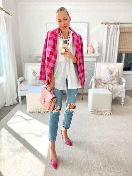 Workwear inspo for spring. Ann Taylor check blazer and matching sling back pumps. I sized one size down in the blazer to xxs and 1/2 down in Ann Taylor shoes. 
Exact shirt from Zara  

#LTKworkwear #LTKshoecrush #LTKstyletip
