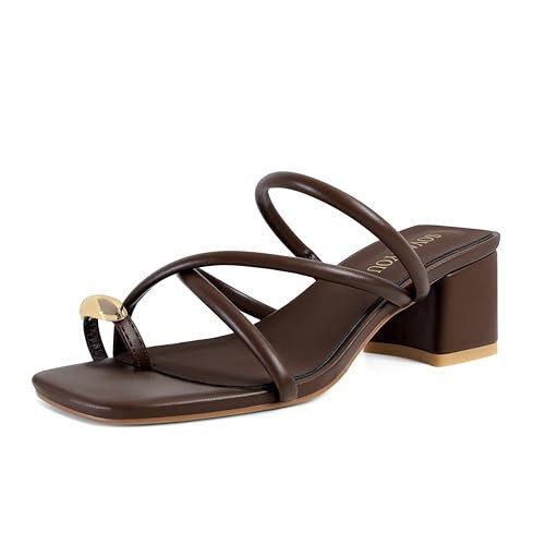 SOVANYOU Brown Strappy Heeled Sandals for Women Toe Ring Chunky Block Heels Womens Wedge Sandals Opened Square Toe Casual Dressy Shoes | Amazon (US)