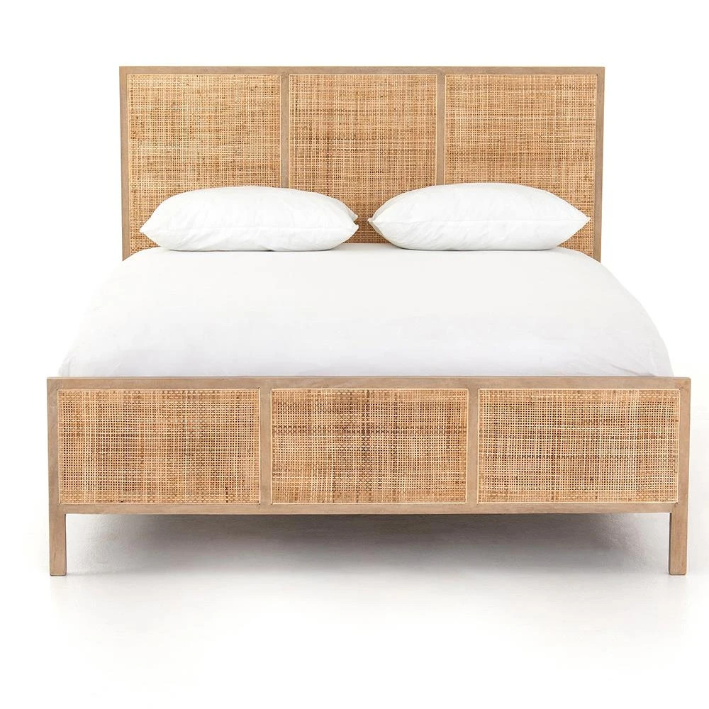 Rhian Coastal Beach Brown Woven Cane Mango Wood Bed | Kathy Kuo Home