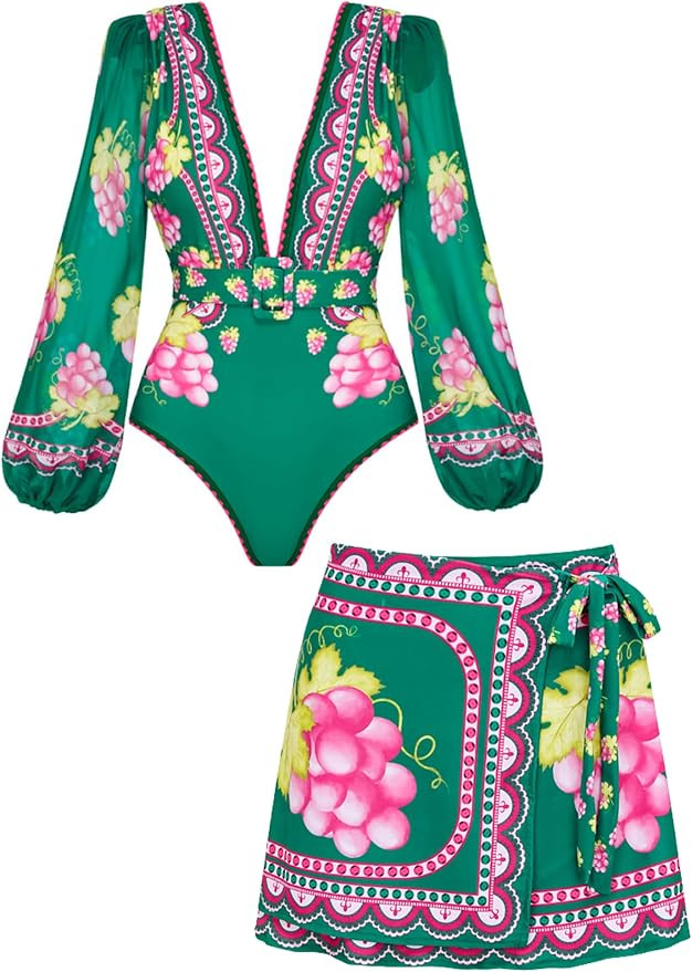 FLAXMAKER Women One Piece Long Sleeve Deep V Neck Grapes Print Long Sleeve Padded Swimsuit Two Pi... | Amazon (US)
