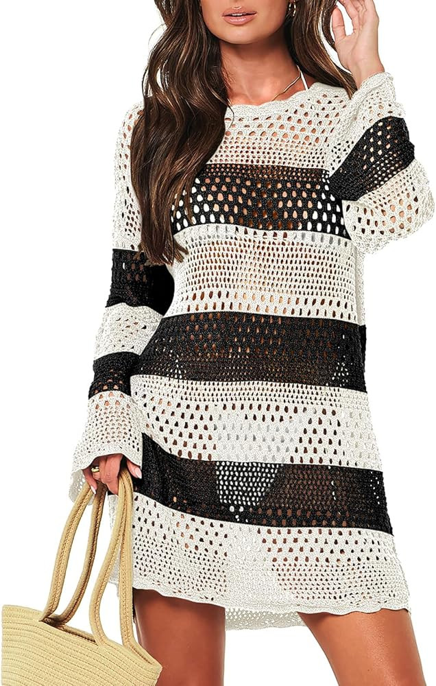 ANRABESS Women Swimsuit Crochet Swim Cover Up Summer Bathing Suit Swimwear Knit Pullover Beach Dr... | Amazon (US)