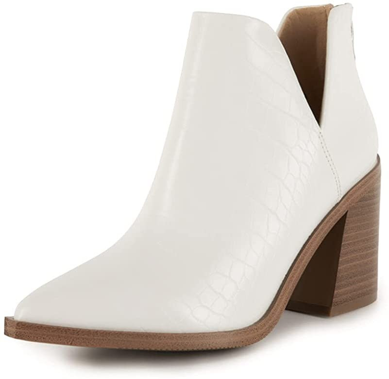 FISACE Womens Pointed Toe Stacked Mid Heel Ankle Boots V Cut Back Zipper Faux Leather Booties | Amazon (US)