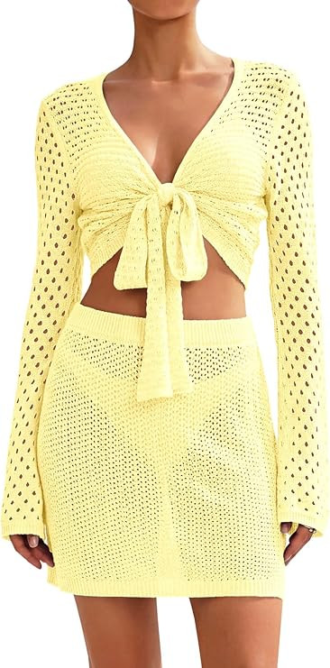 Saodimallsu Womens Crochet Swim Cover Up 2 Piece V Neck Long Sleeve Wrap Tie Crop Tops Beach Boho... | Amazon (US)