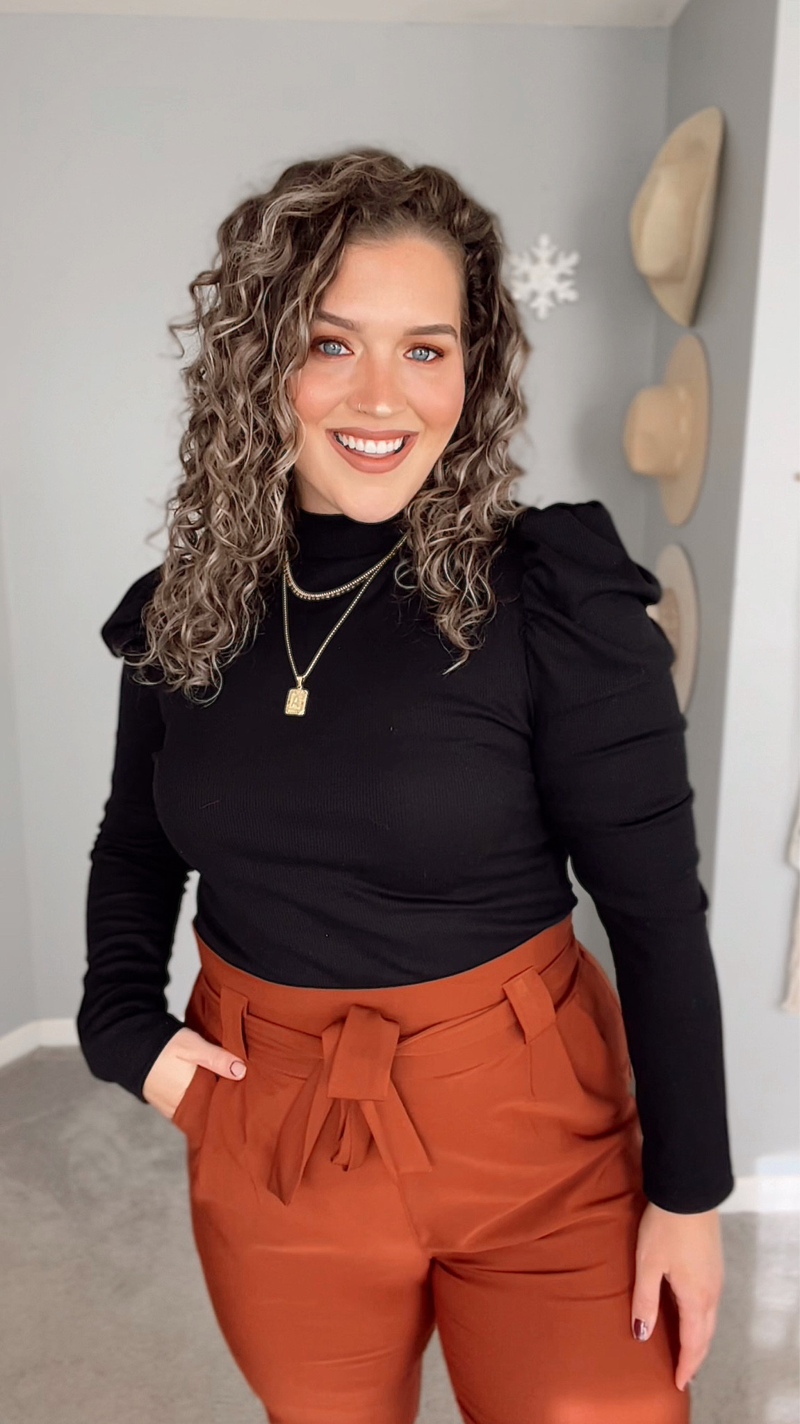 Midsize business casual winter outfit ❄️👩🏼‍💼💼 
Top: XL
Pants: XL 
#midsizeoutfits #businesscasual #officeoutfit #workpants #slacks #trouser #blouse #longsleeve #puffsleeve #affordablefashion #ootd #outfitideas #styleinspo #goldjewlery 

#LTKCyberweek #LTKworkwear #LTKcurves