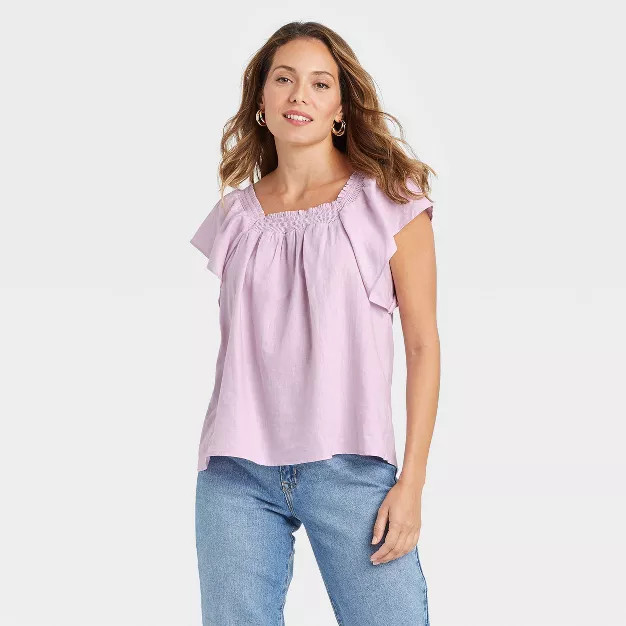 Women's Ruffle Short Sleeve Smocked Top - A New Day™ Light Purple | Target