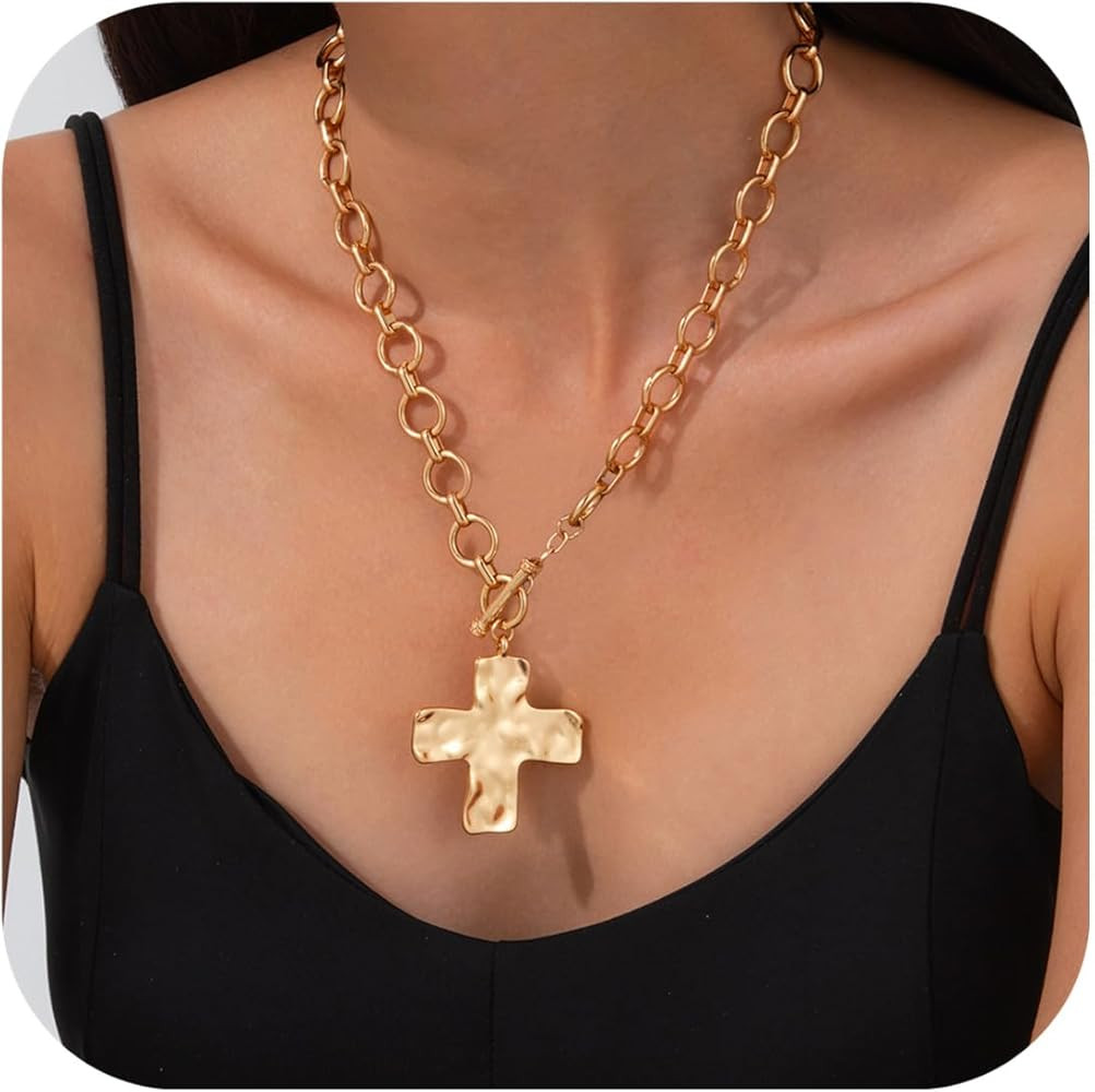 Chunky Gold Cross Necklace for Women Non Tarnish Layered Hammered Bold Cross Statement Necklace V... | Amazon (US)