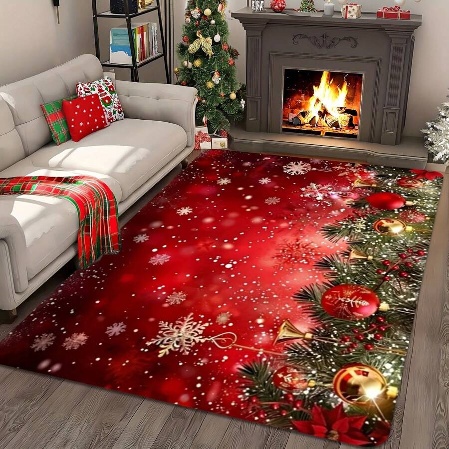 Christmas Theme Rug - Snowy Holiday Design, Washable & Stain Resistant, Soft Flannel With Non-Sli... | SHEIN