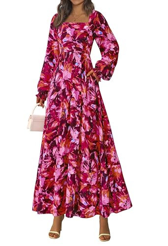 RETTYGARDEN Women Floral Maxi Dresses 2025 Fall Long Sleeve Square Neck Boho A Line Wedding Guest Casual Flowy Long Dress(Red Floral,Medium) | Amazon (US)