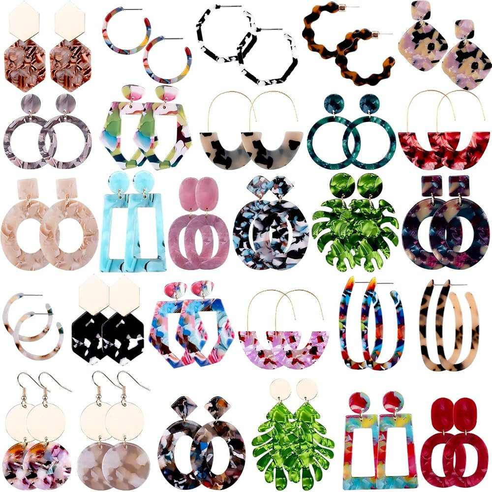 Duufin 28 Pairs Acrylic Earrings Statement Earrings Set Mottled Resin Hoop Earrings Drop Dangle E... | Amazon (US)