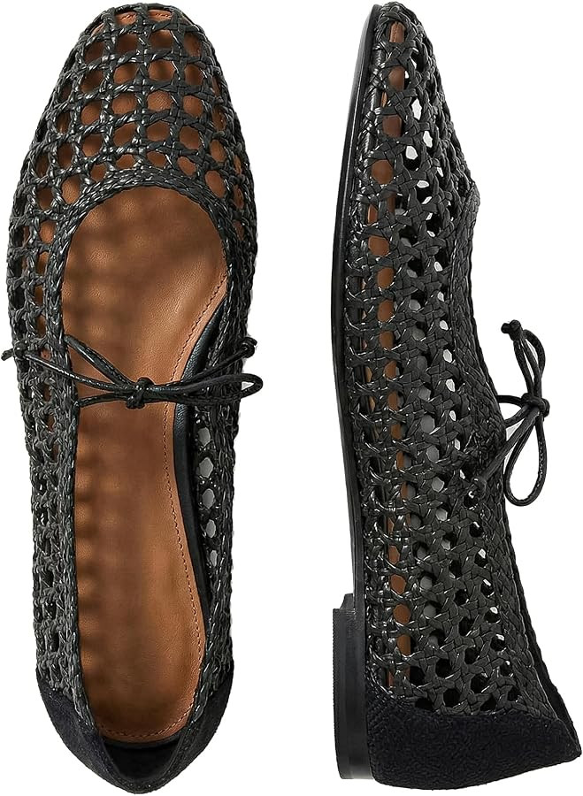 Women Woven Mesh Ballet Flats Raffia Lace up Ballerina Mary Jane Flats Fashion Casual Slip on Sho... | Amazon (US)