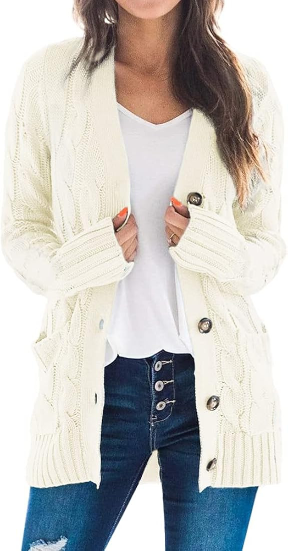 Goranbon Women's Cable Knit Cardigan Long Sleeve Open Front Button Down Knitwear Sweater Coat | Amazon (US)
